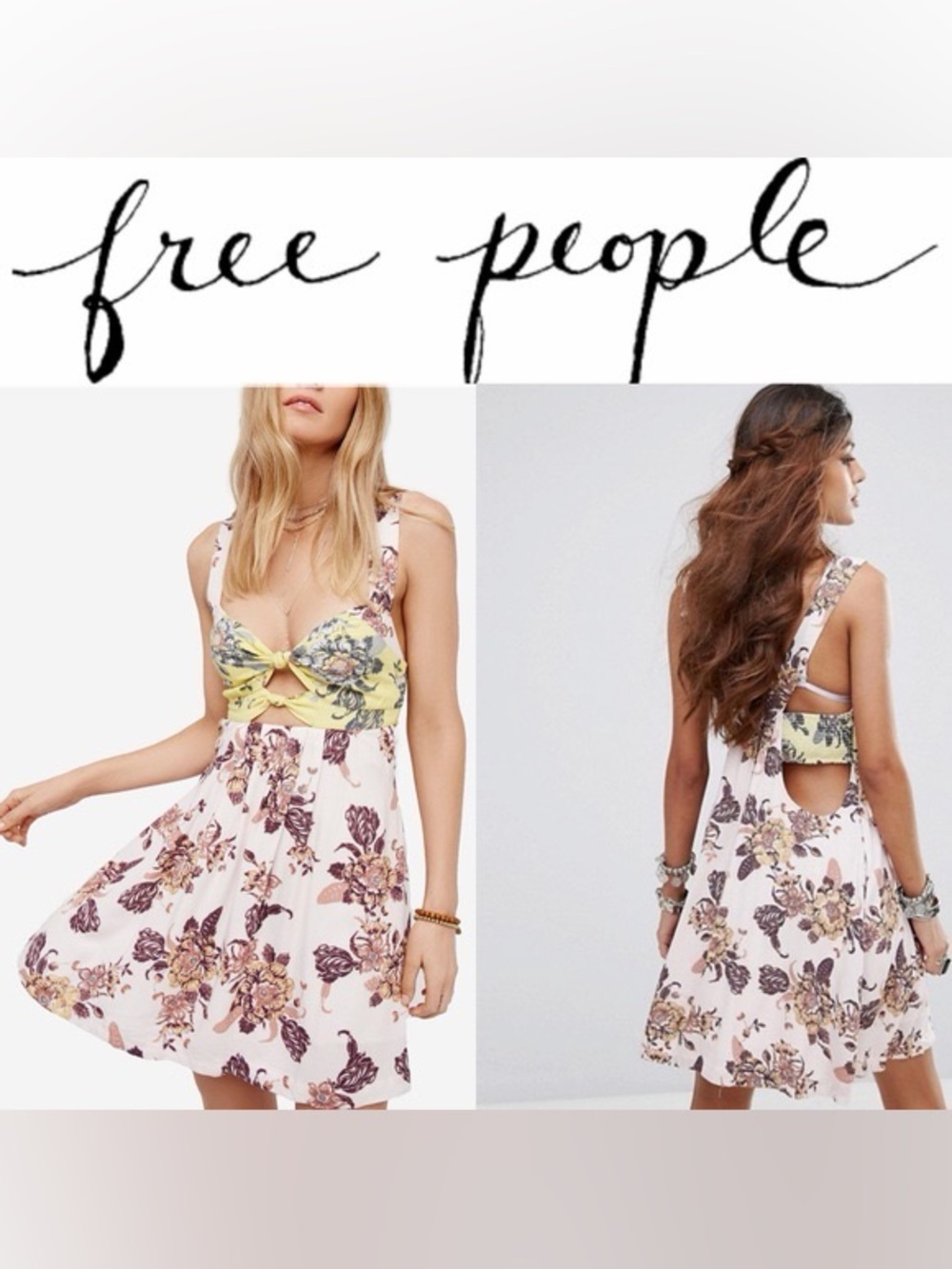 Free People Yellow and Cream Floral Cutout Mini Dress